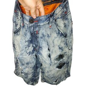 Heavily TRASHED Rock Revival Shorts Men’s 42 Tie Dye Acid Wash Light Denim READ